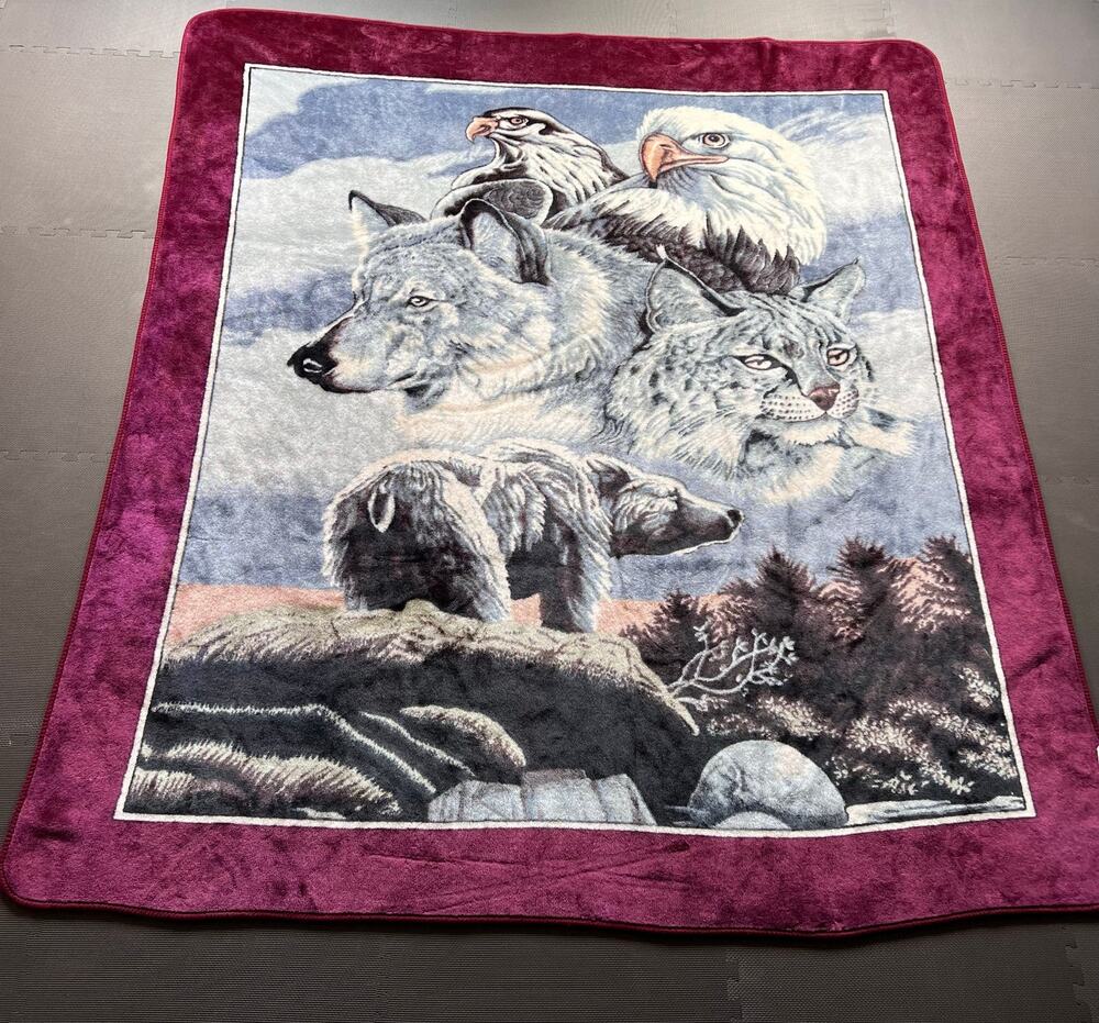 Nature Bald Eagle Wolf Bear Queen Size Blanket Sofa Fleece 78" x 88" Vintage Red